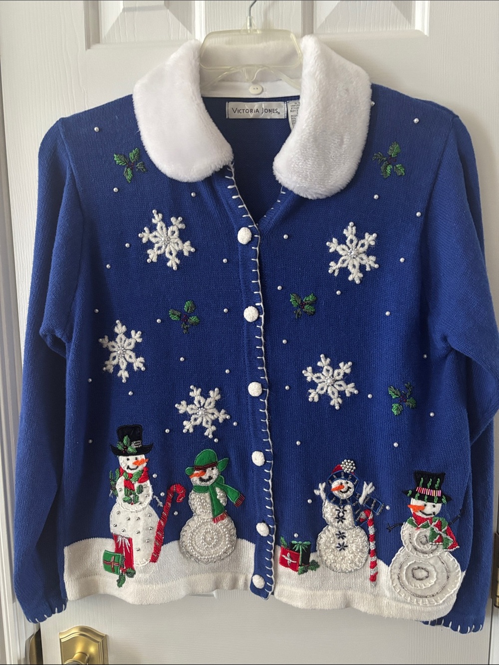 Blue Snowman Embroidered Holiday Sweater with White Faux Fur Collar